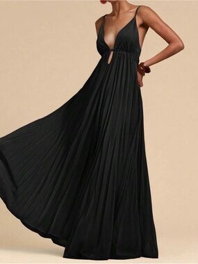 Black Plunge Maxi Dress with Flowing Pleated Skirt